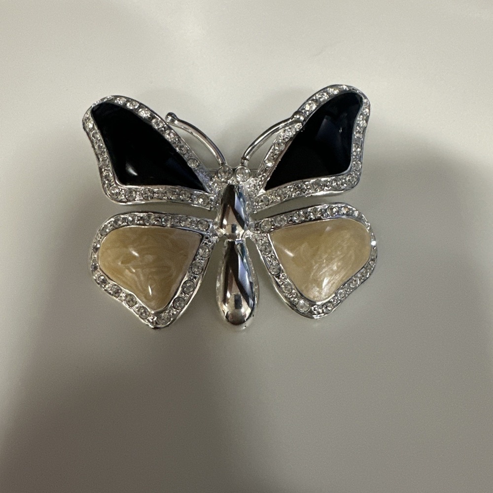 Butterfly Black Yellow Cream Color Enamel‎ White Rhinestone Metal Brooch Pin VTG